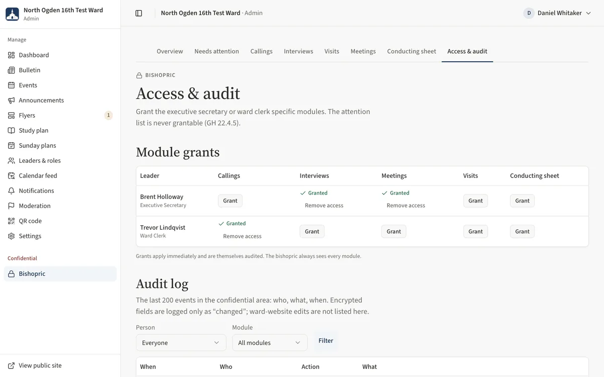 The Access and audit page with the module grants table for the executive secretary and clerk, and the audit log below.