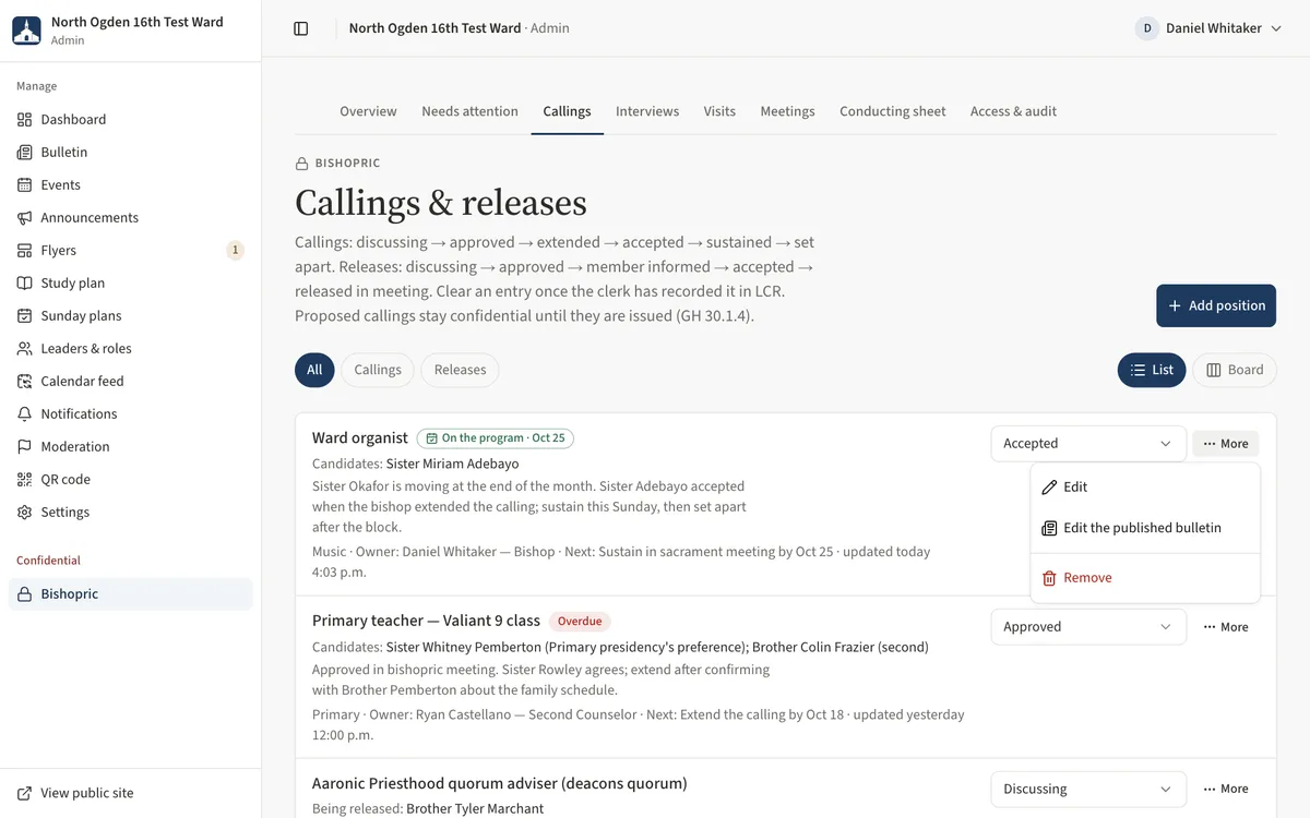 The Callings and releases list with a stage selector and a More button on each row, and one row's More menu open.