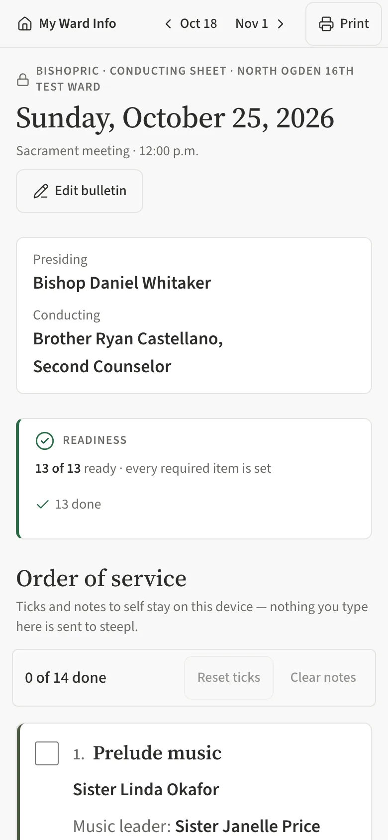 The top of the conducting sheet on a phone: the bar with My Ward Info (home), the week arrows and Print, the Edit bulletin button, and who presides and conducts.