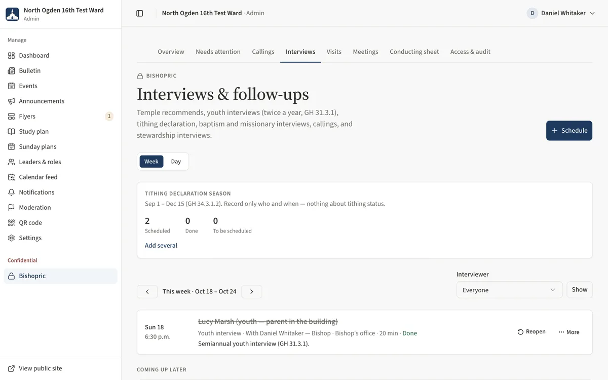 The interviews week view with the Week and Day switch, the tithing declaration season panel and this week's interviews.