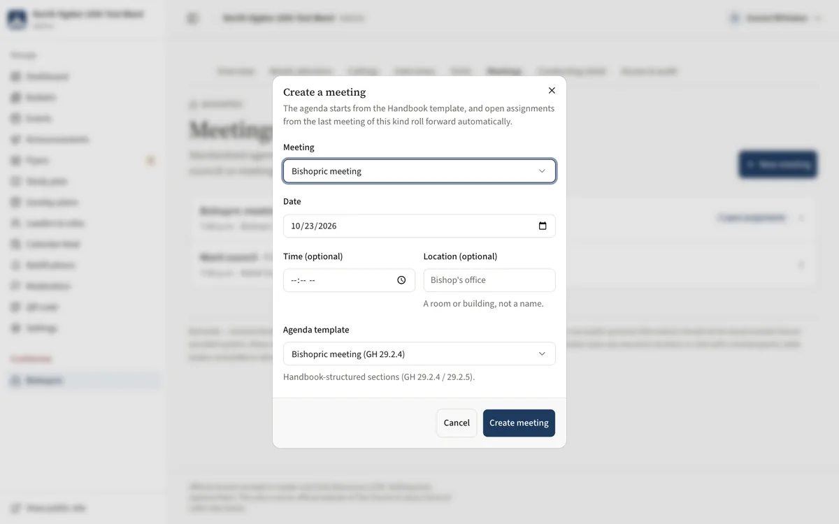 The Create a meeting dialog with Meeting, Date, Time, Location and Agenda template fields.