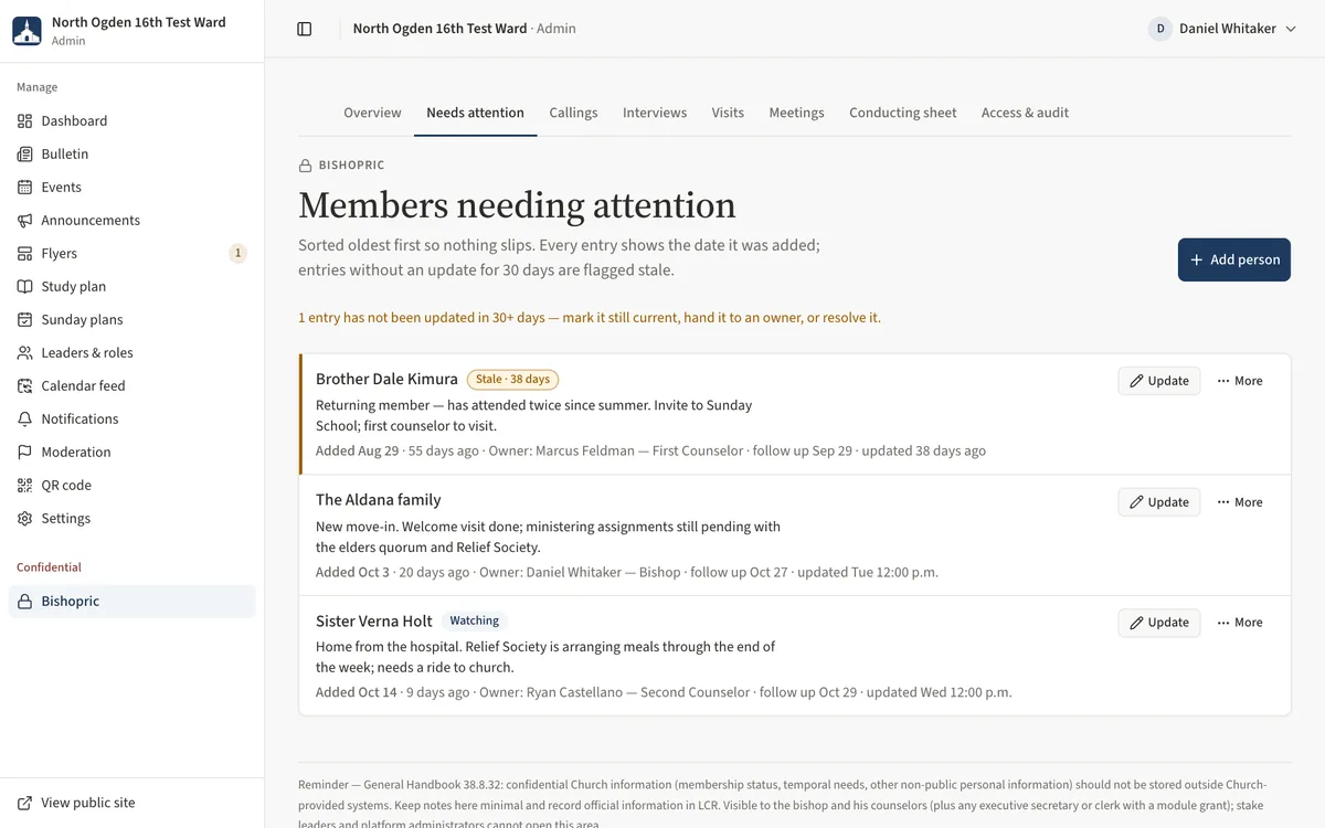 The Members needing attention list with a Stale badge on the oldest entry and the Update and More buttons.