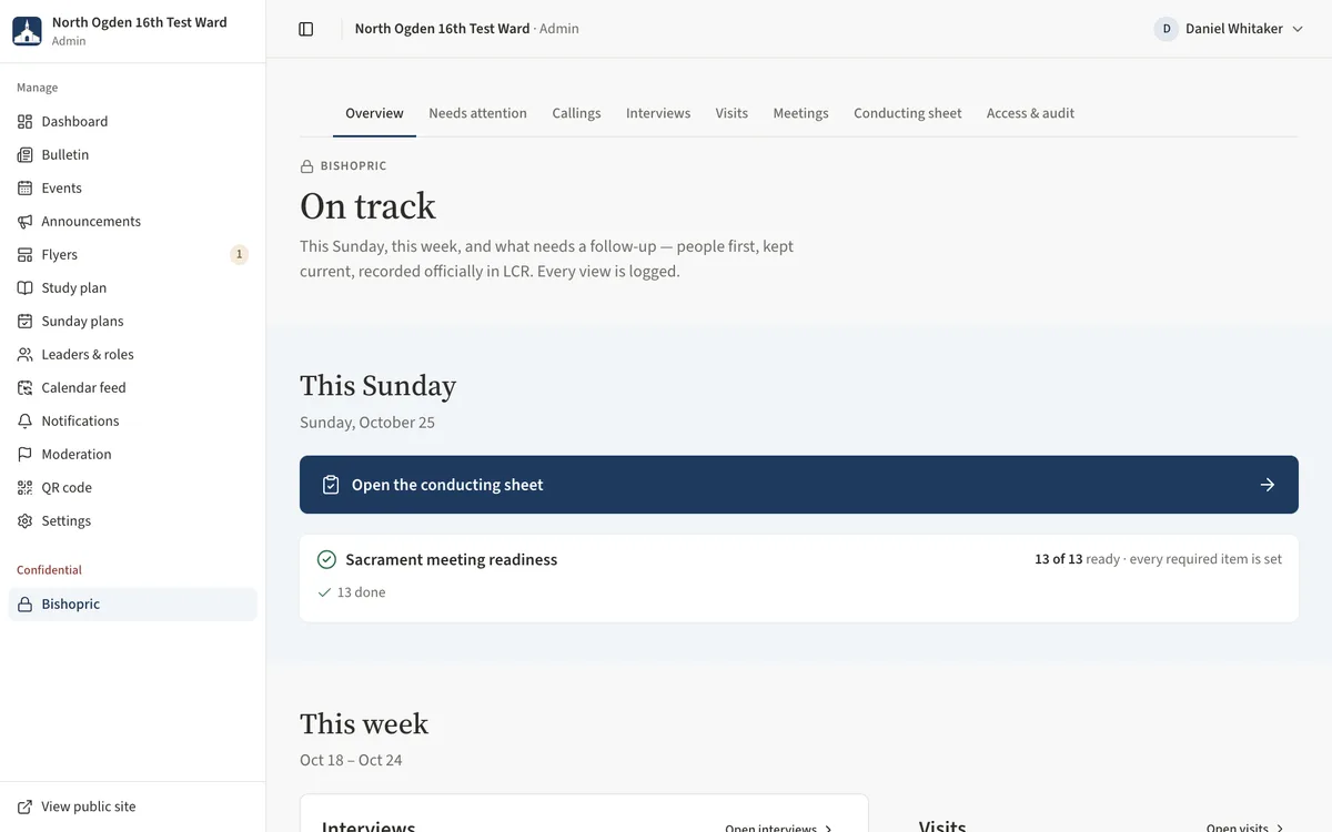 The On track overview with the navy This Sunday band, the readiness summary and the Open conducting sheet button, and this week's interviews and visits.