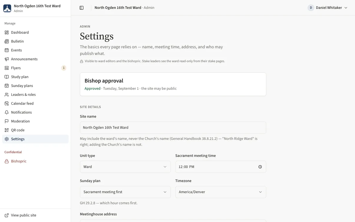 The ward Settings page with the Bishop approval card showing the approval date.