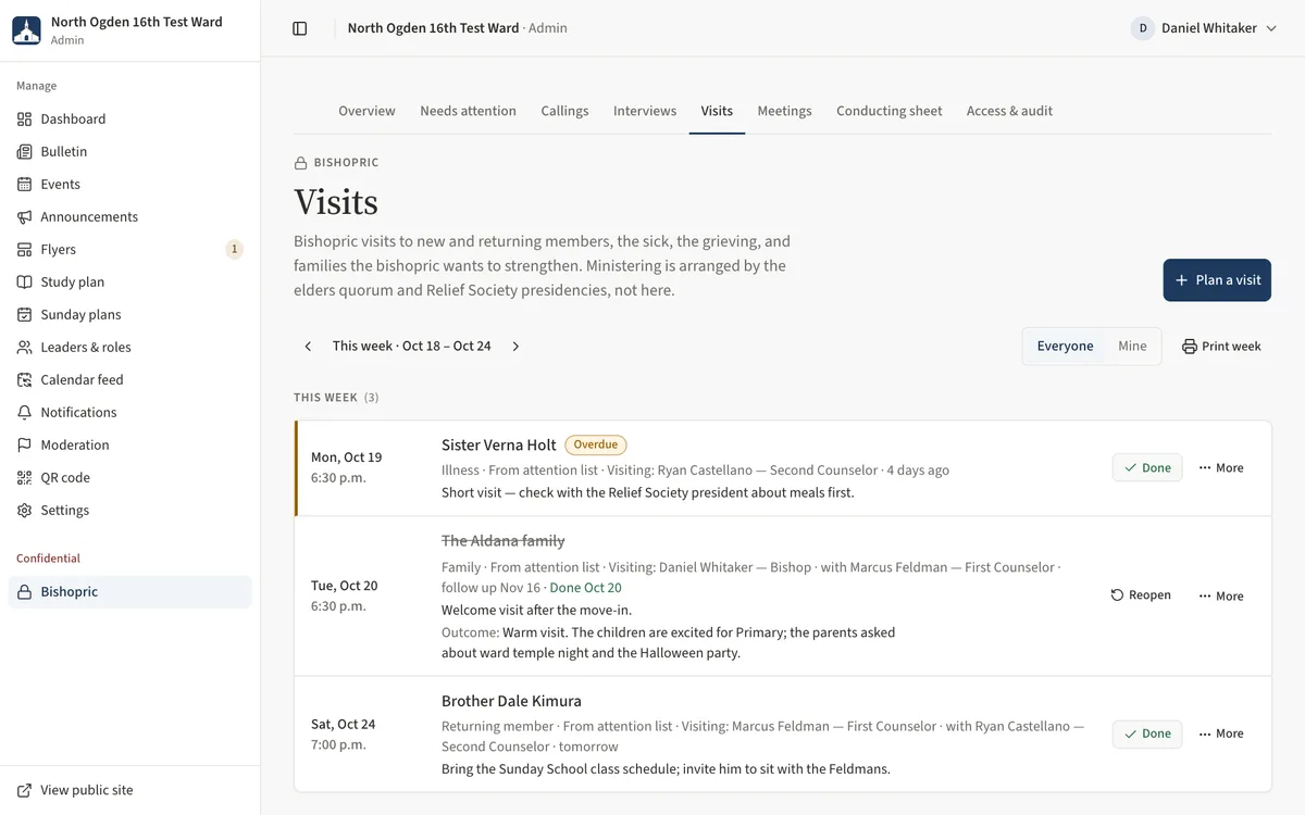 The Visits page with This week, Coming up and To schedule sections, an Overdue badge and a From attention list badge.