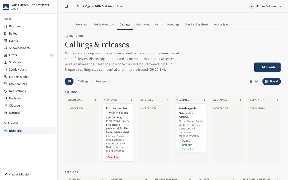 The Callings and releases board view with a column per stage.