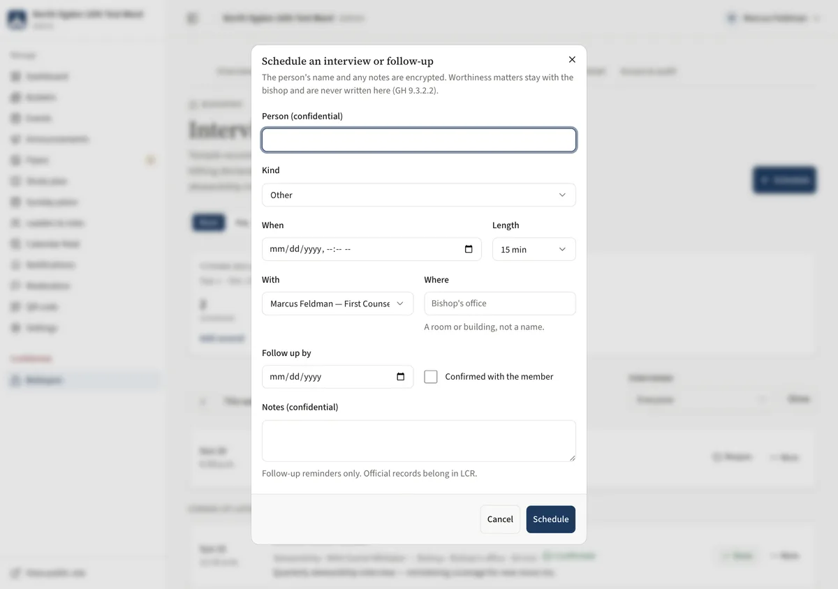 The Schedule an interview or follow-up dialog with Person, Kind, When, Length and With fields.