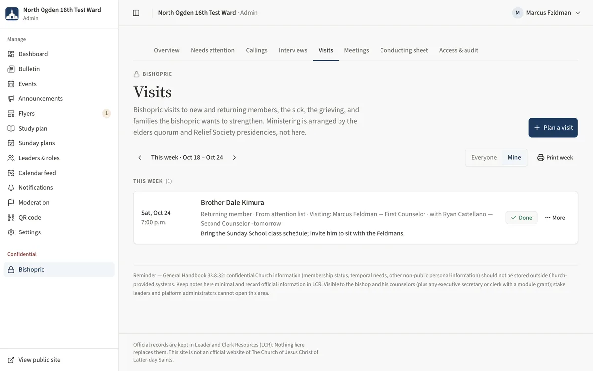 The Visits page filtered to Mine, showing the counselor's visits this week.