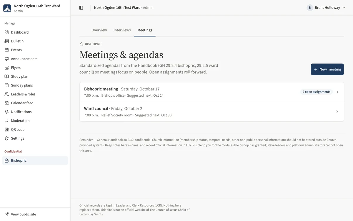 The Meetings and agendas list with each meeting's date, items to cover and open assignments.