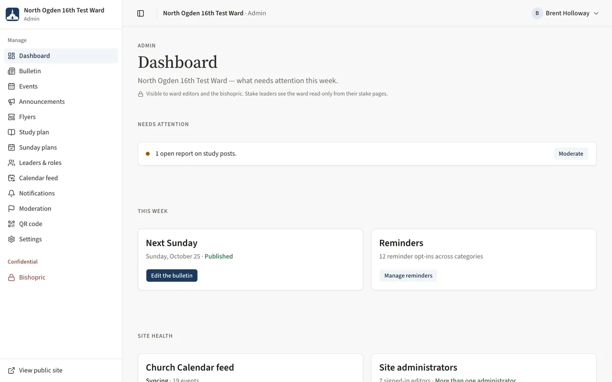 The ward admin dashboard with Needs attention, the This week cards and the admin sidebar.