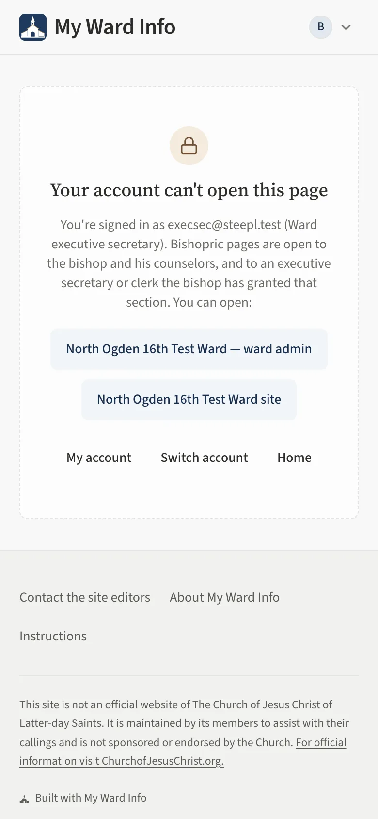 The page shown when the executive secretary opens Visits without a grant: Your account can't open this page.