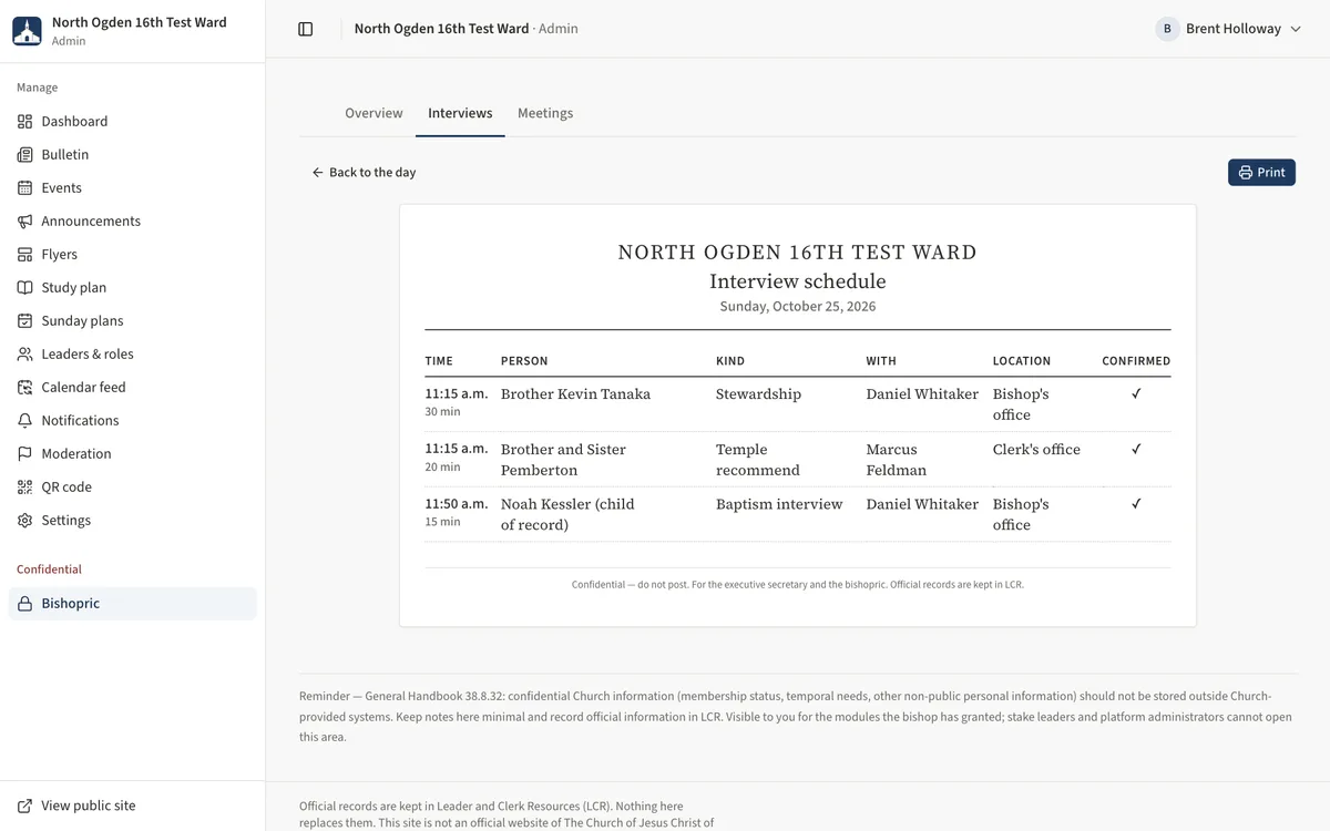The printable interview schedule with columns for time, person, kind, with, location and confirmed.