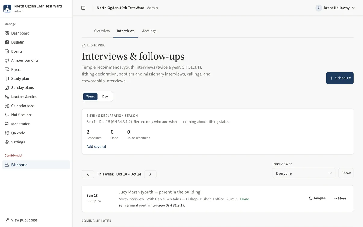 The Interviews and follow-ups week view with the tithing season panel and this week's appointments, each with Done and More.