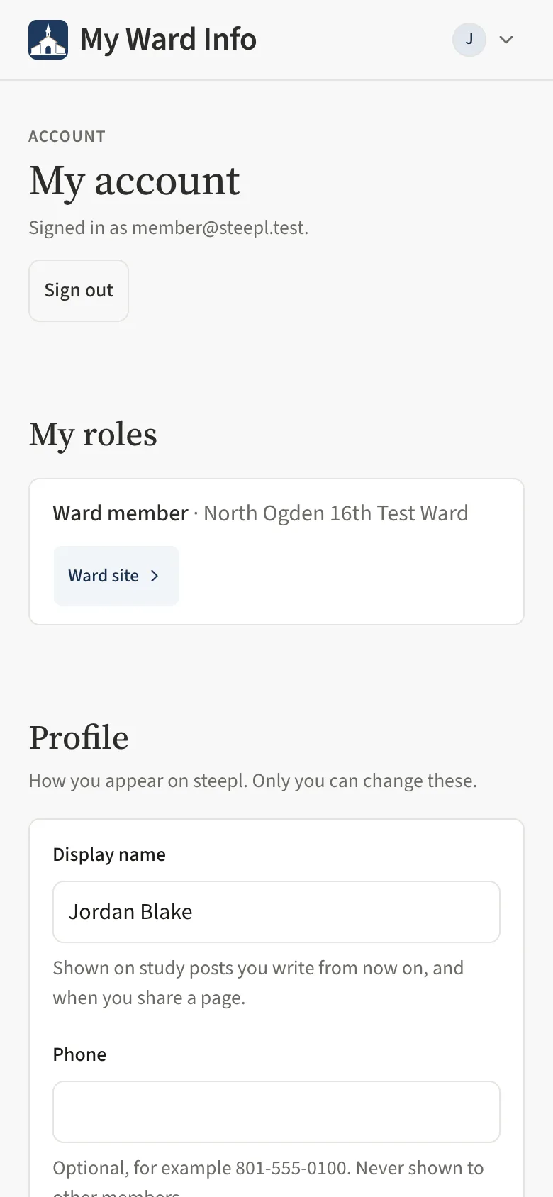 The My account page on a phone: My roles, and the Profile card with Display name, Phone and Save profile.