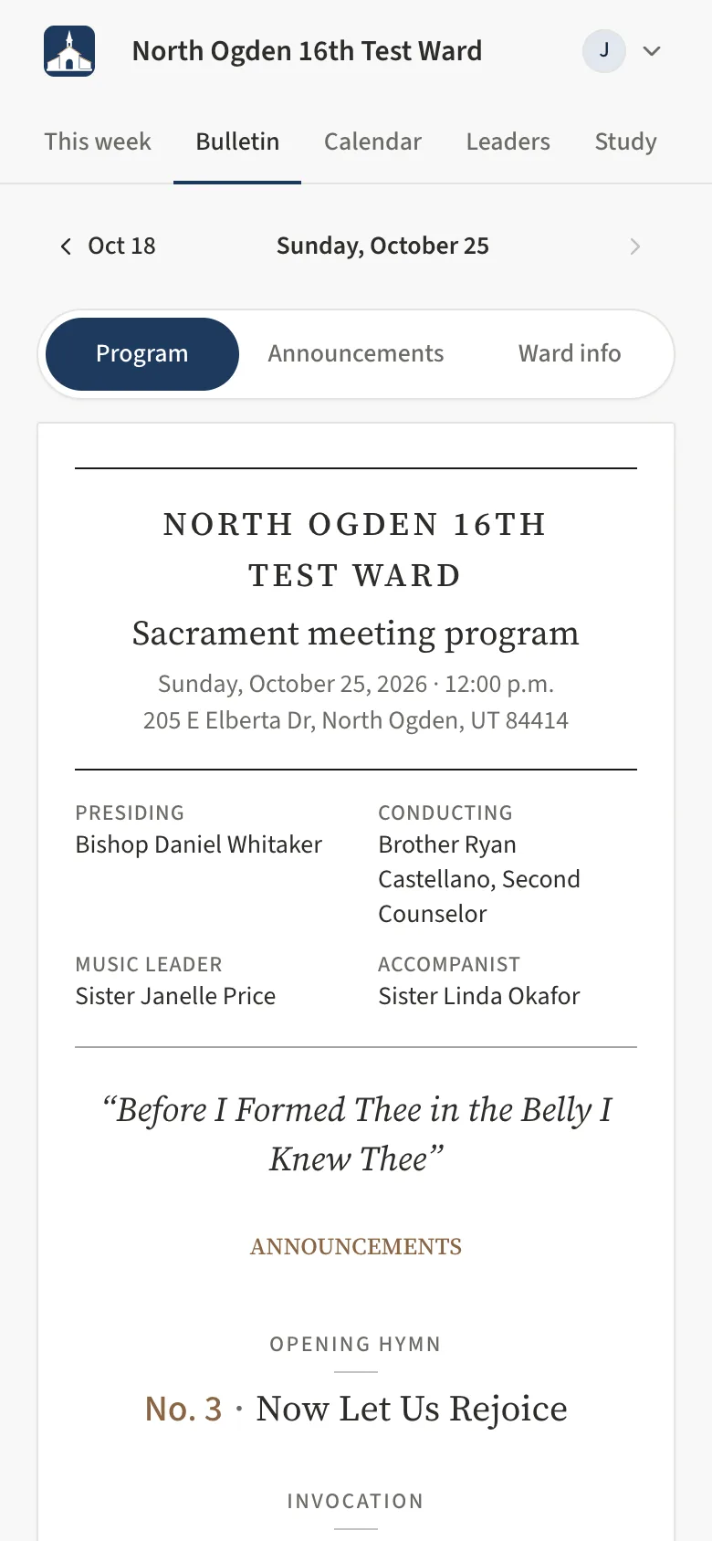 The top of the sacrament meeting program on a phone: the week arrows, the Program, Announcements and Ward info tabs, who presides and conducts, the music leader and the opening hymn.