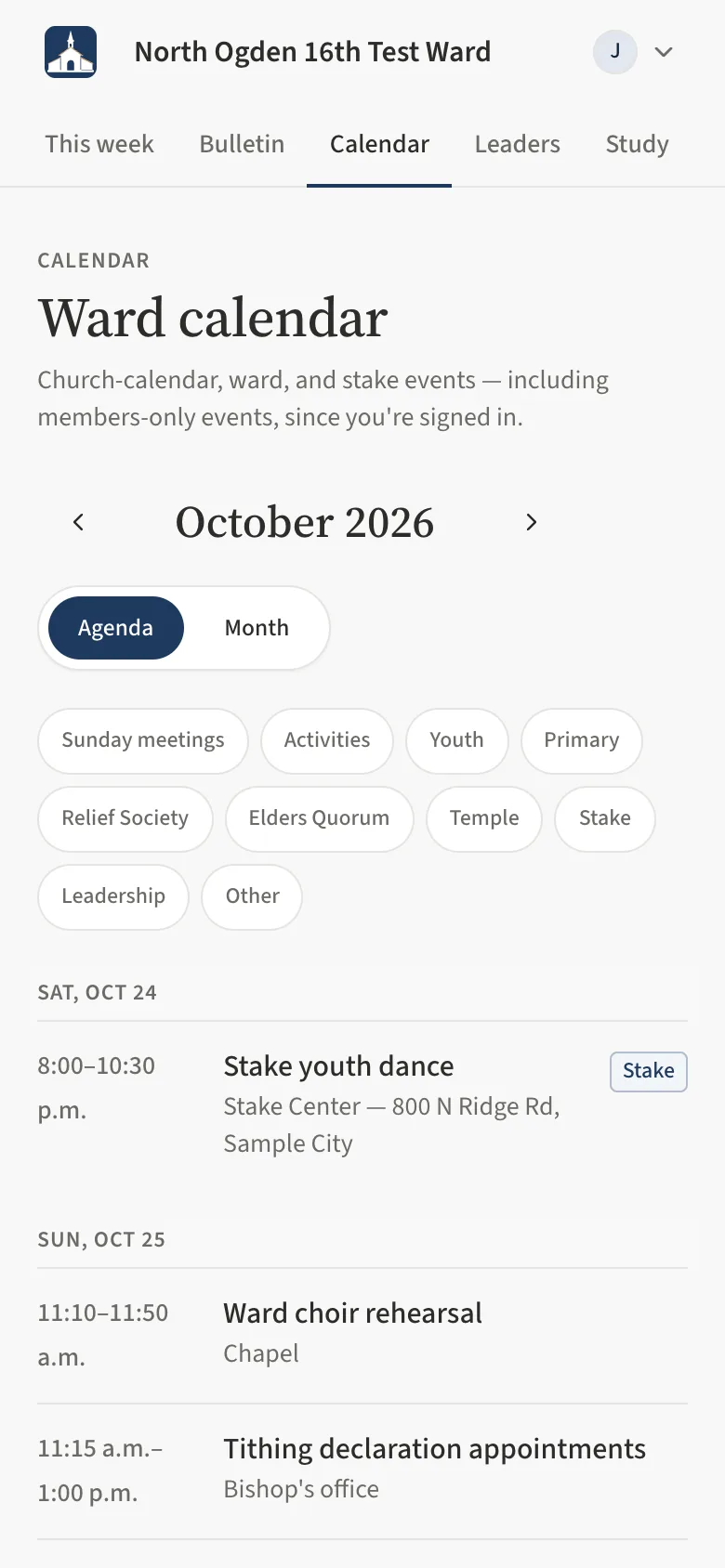 The ward calendar in agenda view on a phone: the month arrows, the Agenda and Month switch, the category pills and today's events.