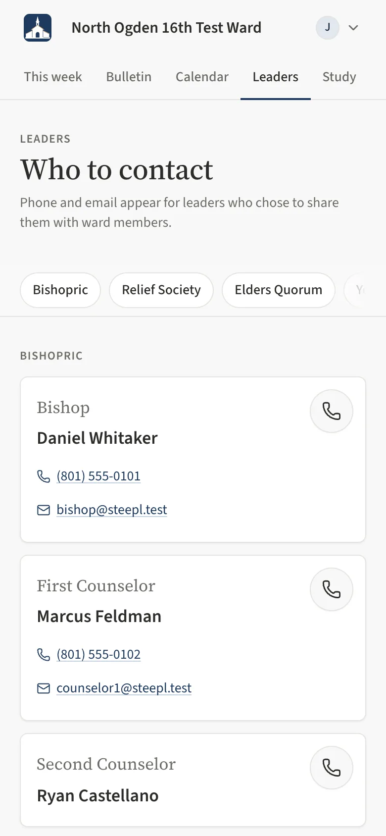 The Who to contact page showing the bishopric tiles and organization groups with phone and e-mail links.