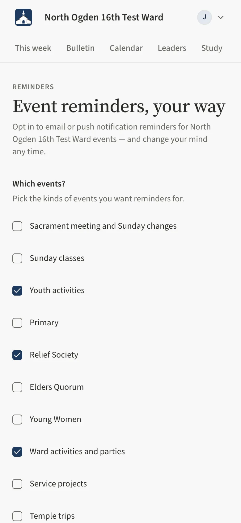 The Event reminders, your way page with event-type checkboxes and the Save reminder settings button.