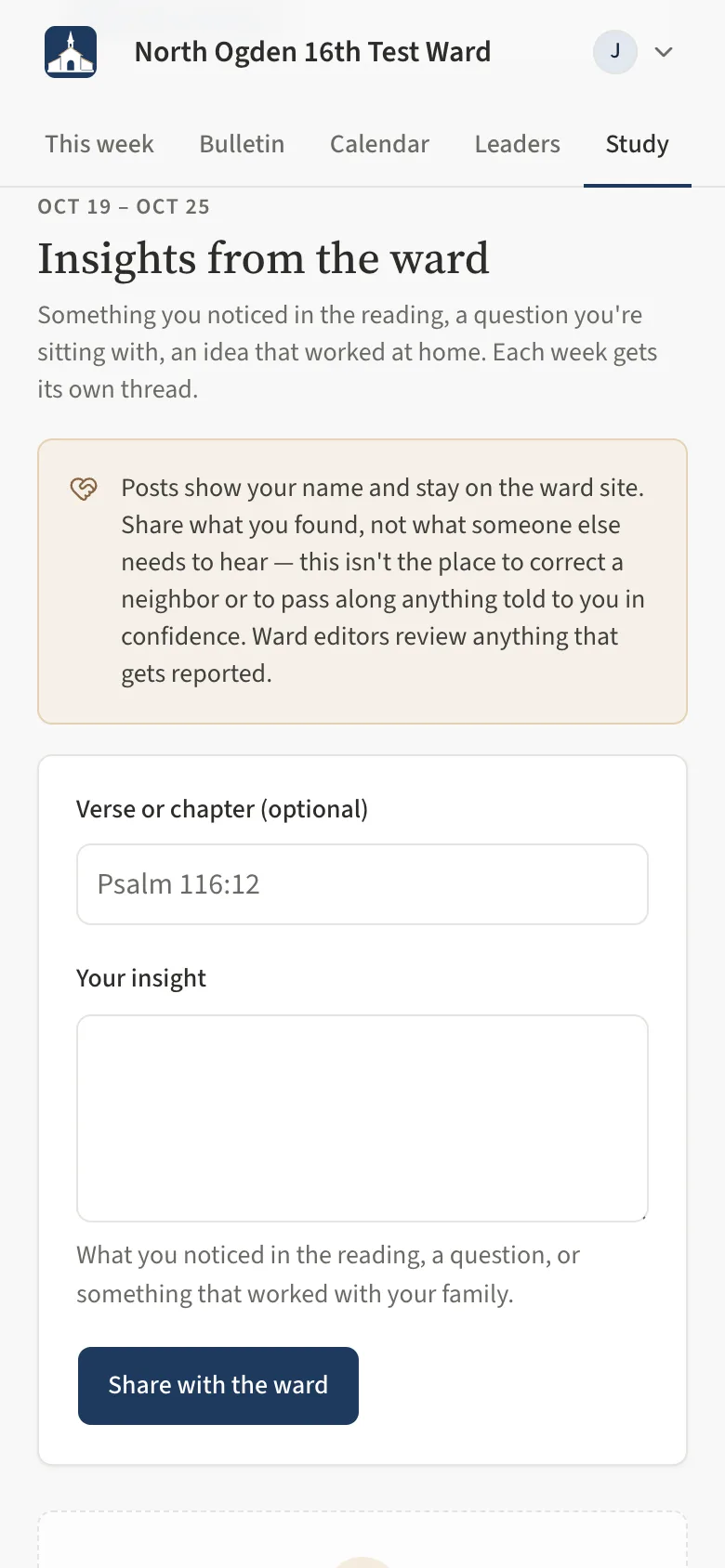 The Insights from the ward thread on a phone: the form to share an insight and the first posts below it.