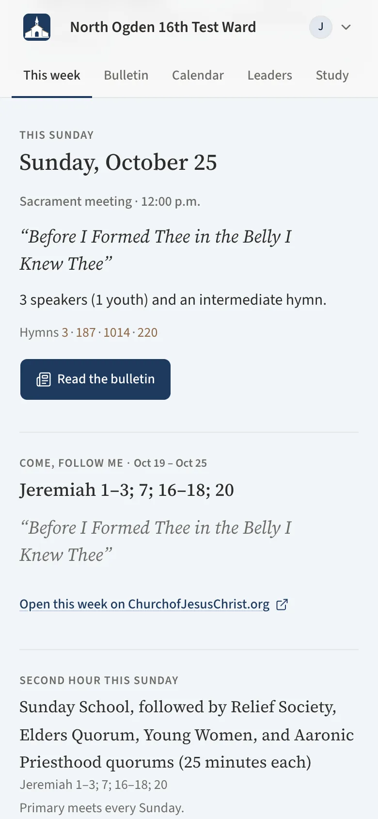 The This week page on a phone: the navy band for this Sunday with the theme, the number of speakers, the hymn numbers and the Read the bulletin button.