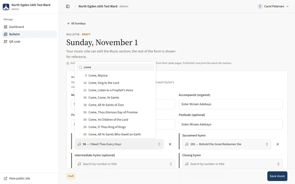 The hymn picker open with a search box and a list of matching hymn numbers and titles.