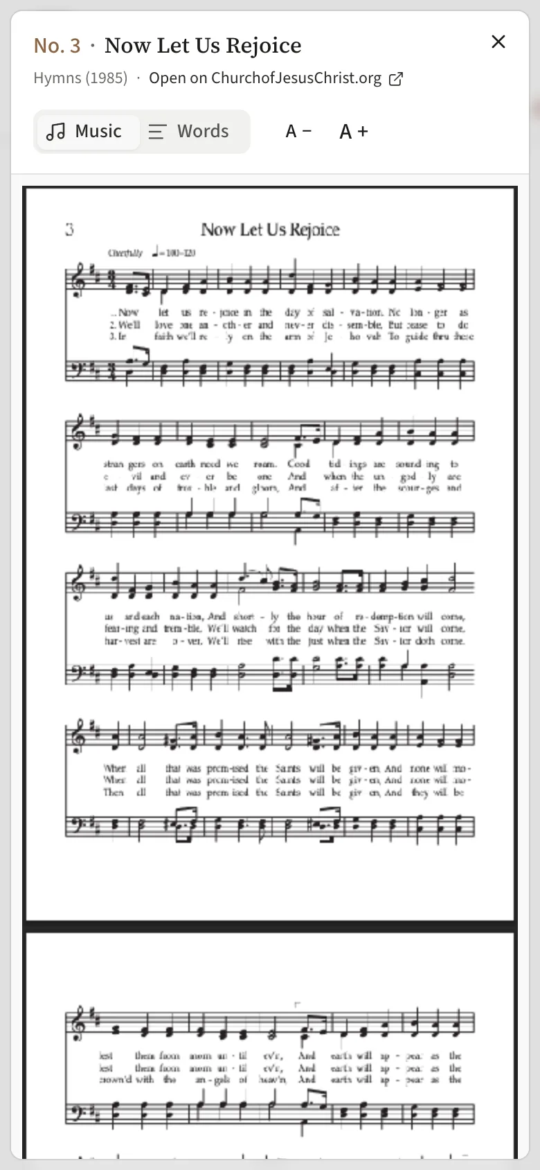 The hymn viewer over the public bulletin with the Music and Words tabs.