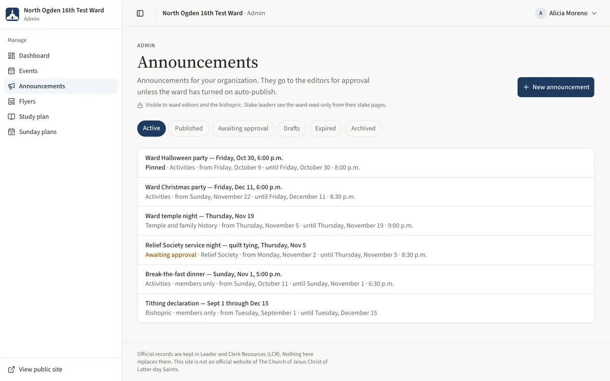 The Announcements page for the Relief Society, with a quilt night announcement awaiting approval.