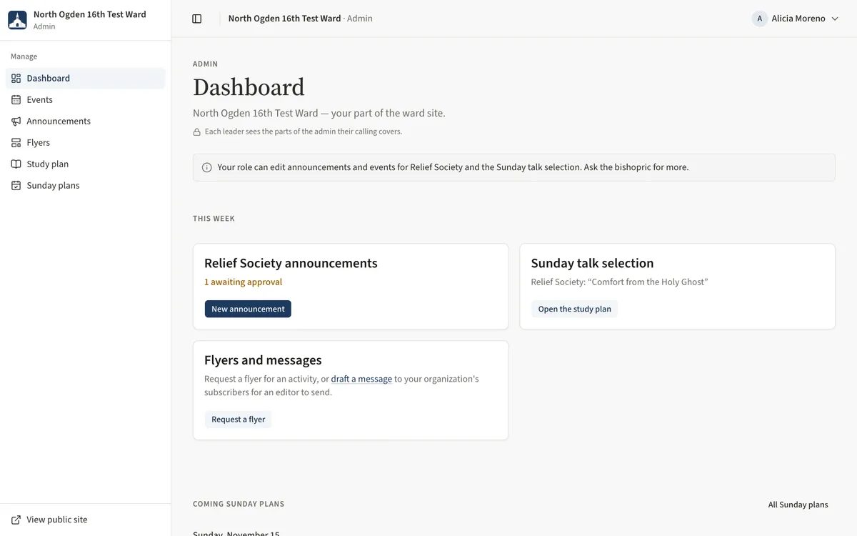 The Relief Society president's dashboard with the role note, the announcements card and the Sunday talk selection card.