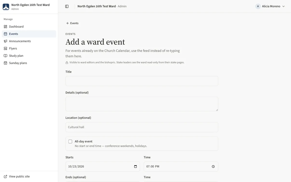 The top of the Add a ward event form with Title, Details, Location and the Starts date and time.
