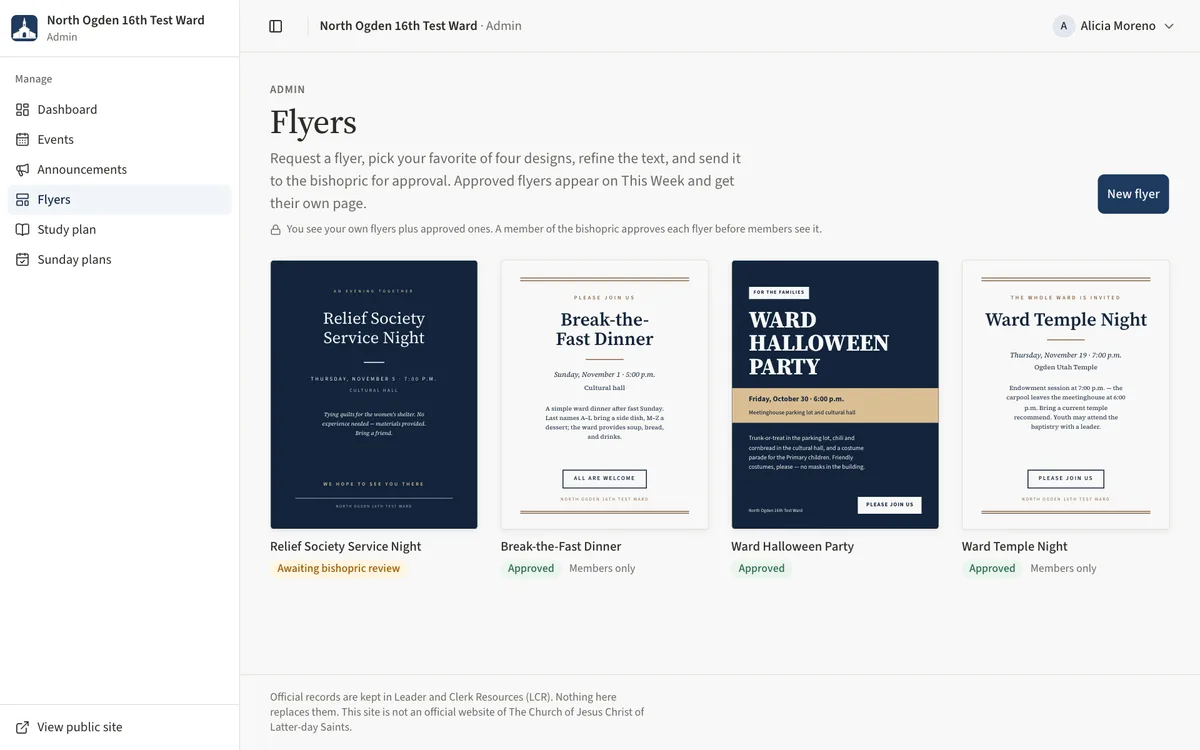 The Flyers list with a Relief Society flyer awaiting bishopric review.