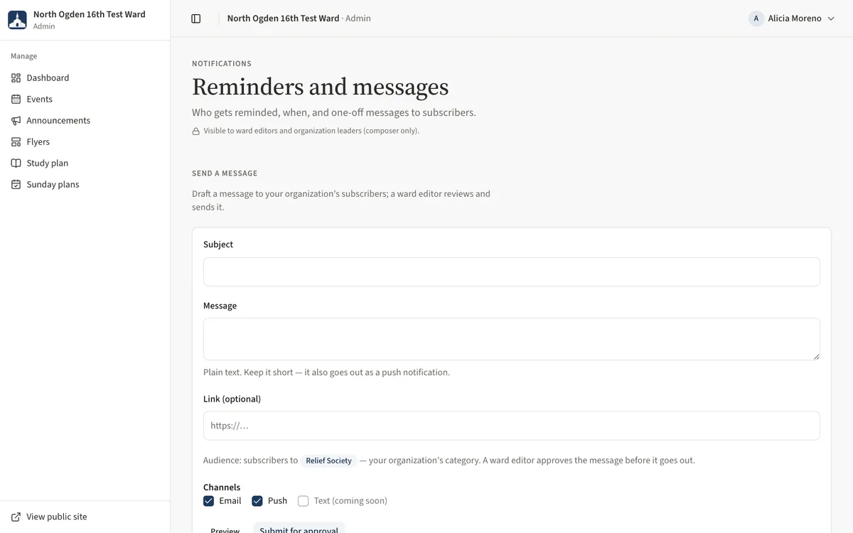 The Send a message composer for an organization leader, with the audience limited to the organization's subscribers.