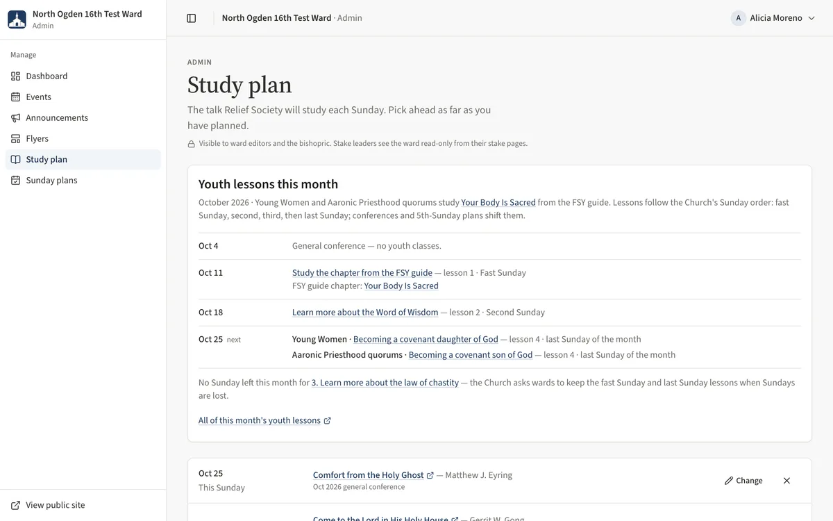 The Study plan page with upcoming Sundays, chosen talks and a Sunday with no talk chosen yet.