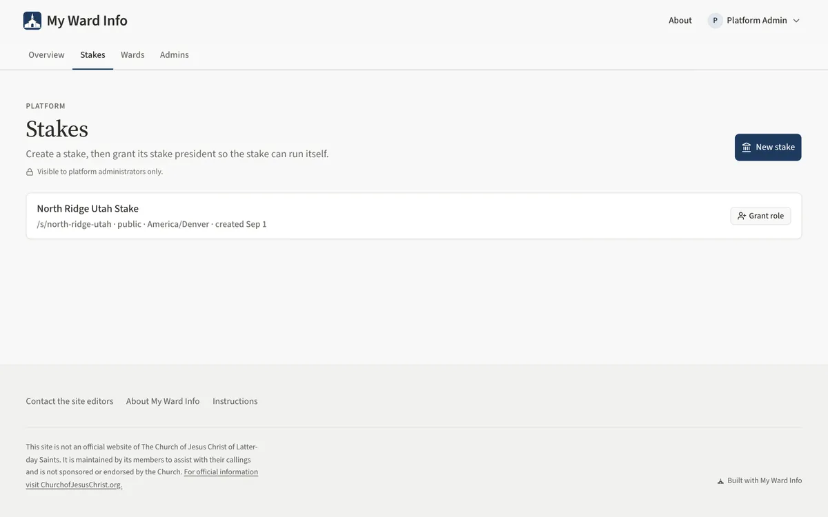 The Stakes page listing the demo stake with its approval state and the Grant role button.