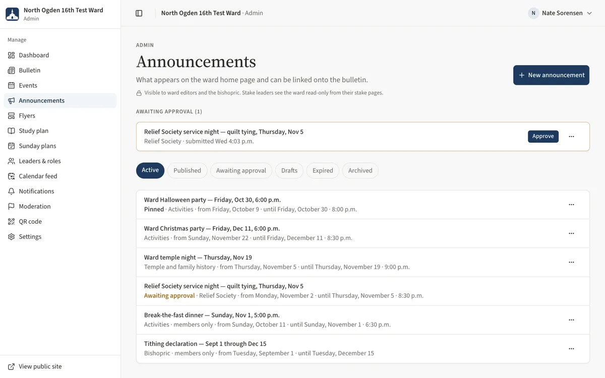 The Announcements page with the Awaiting approval section, its Approve button and the More menu.