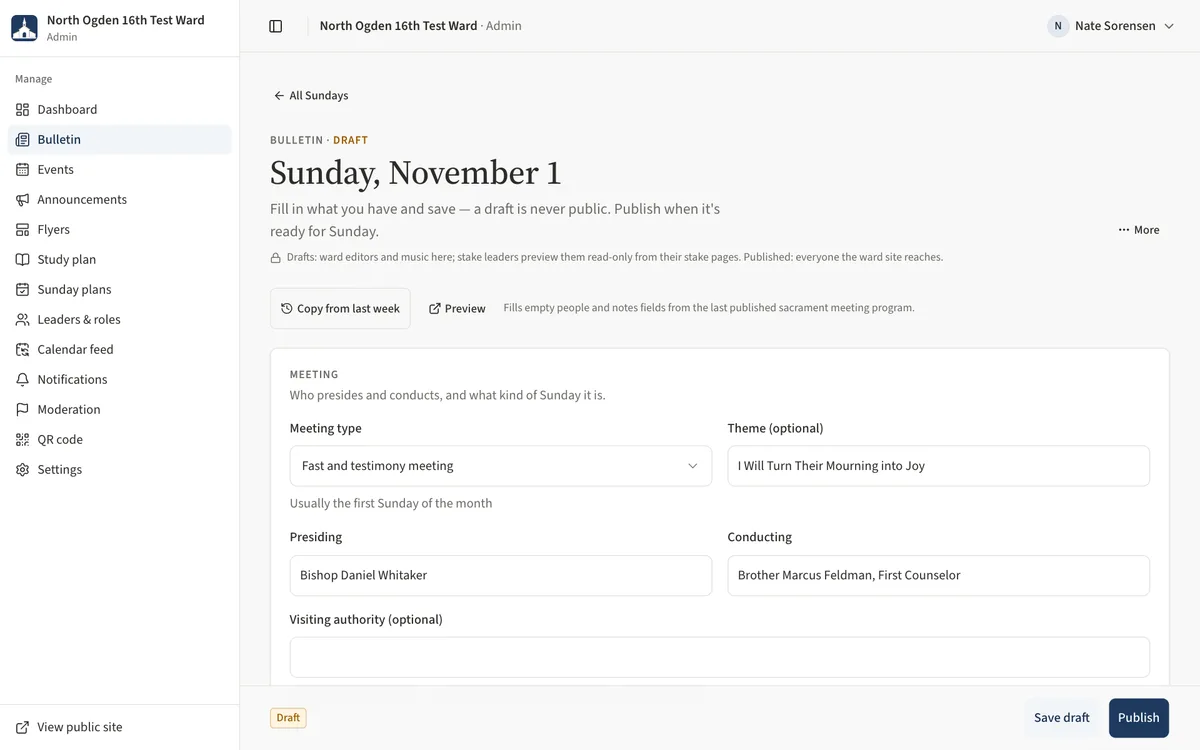 The bulletin editor for a draft Sunday: the More menu at the top right, and the Draft badge with Save draft and Publish in the bar at the bottom.