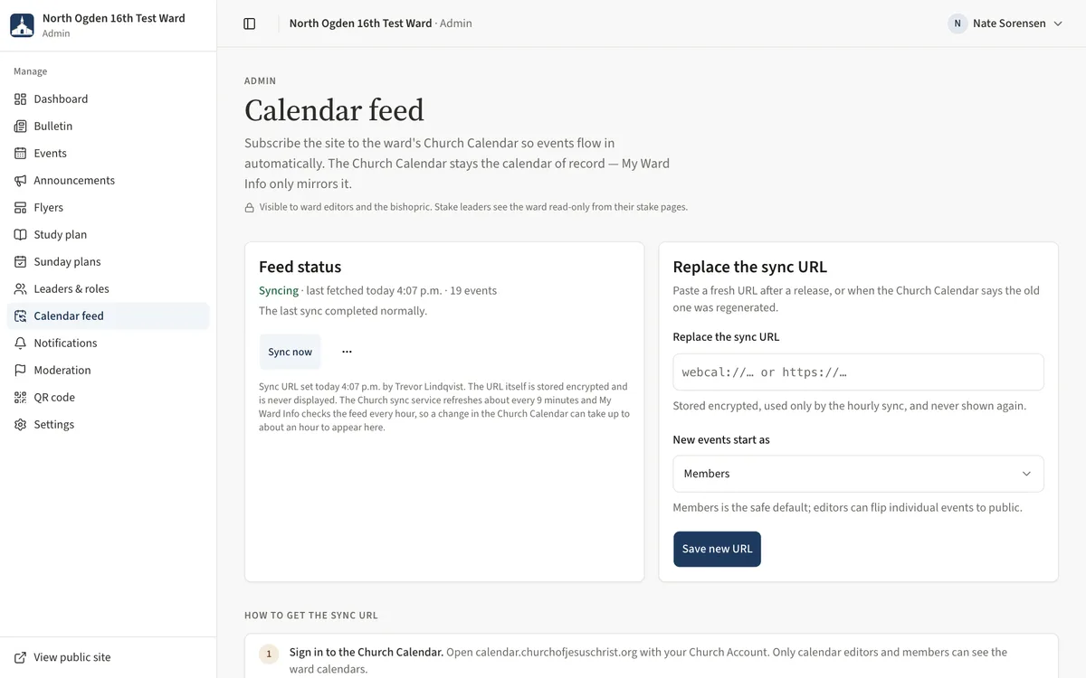 The Calendar feed page with the Feed status card and its Sync now button, the Replace the sync URL card, and the first sync URL step.