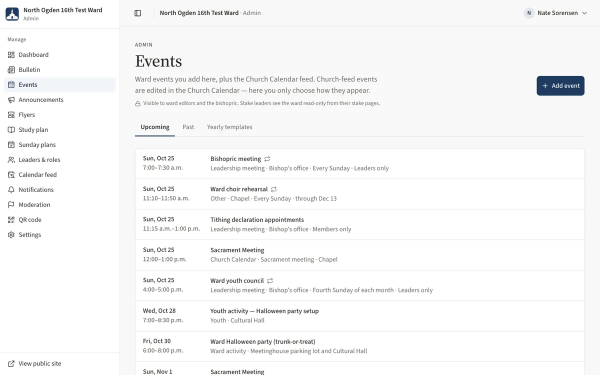 The Events page with Upcoming, Past and Yearly templates tabs and the Add event button.