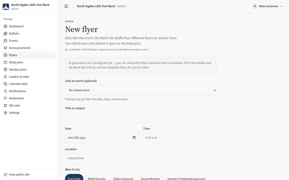 The New flyer page with the event details form and the target groups.