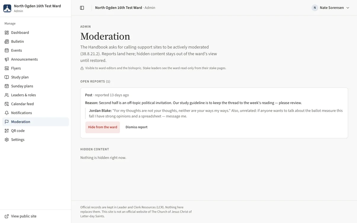 The Moderation page with an open report on a study post and the Hide from the ward and Dismiss report buttons.