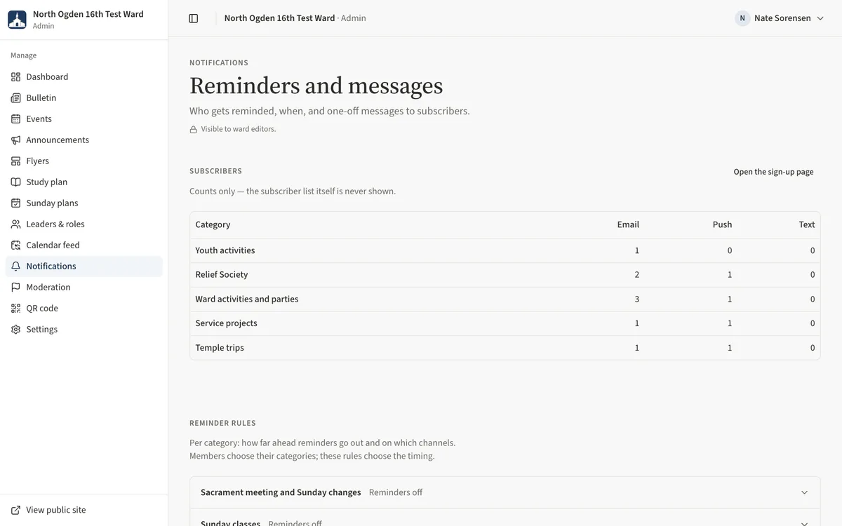 The Reminders and messages page with the subscriber counts by category and the start of the reminder rules.