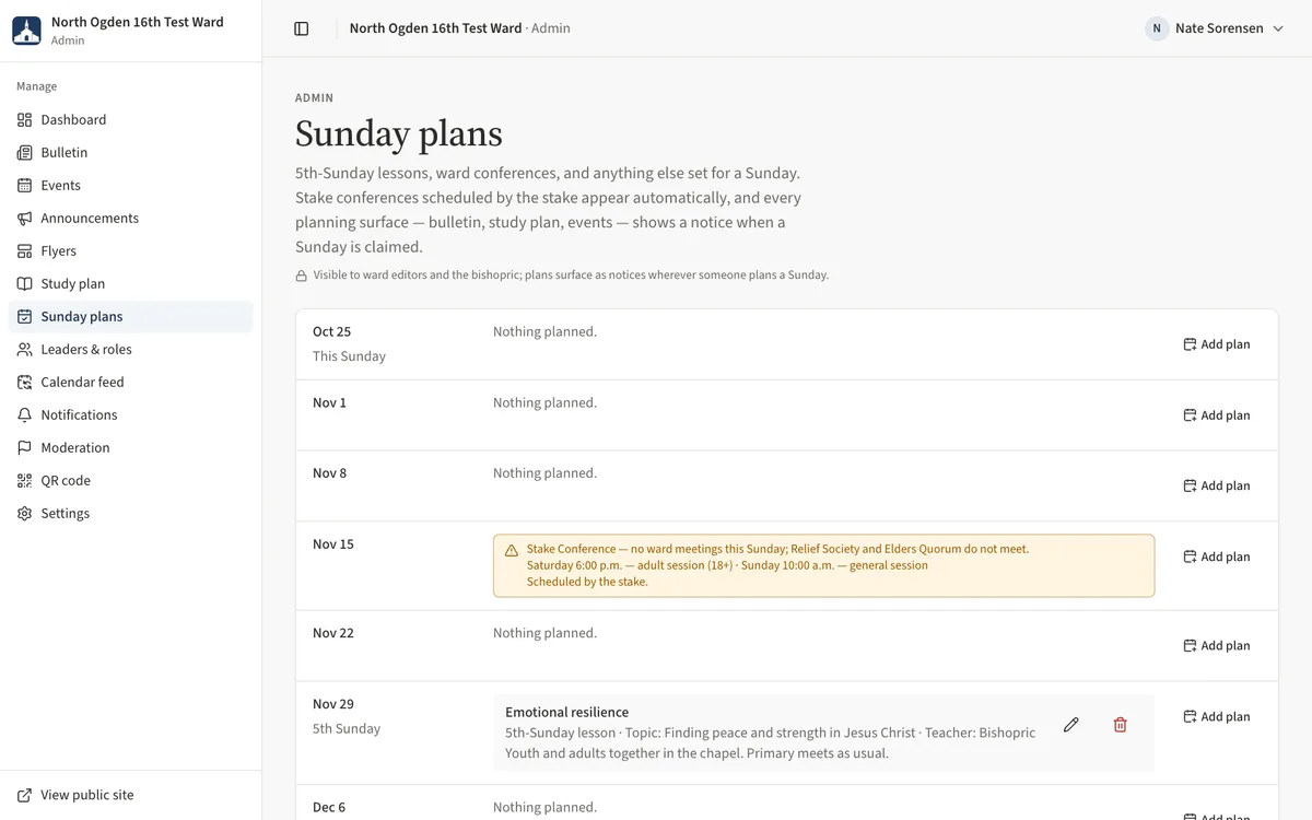 The Sunday plans page with upcoming Sundays, a 5th Sunday badge and a stake conference notice.