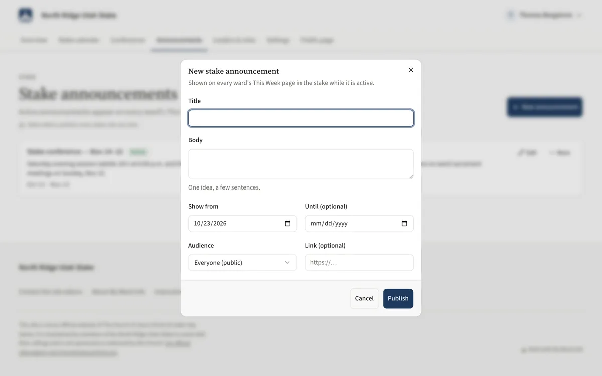 The New stake announcement dialog with Title, Body, Show from, Until, Audience and Link fields.