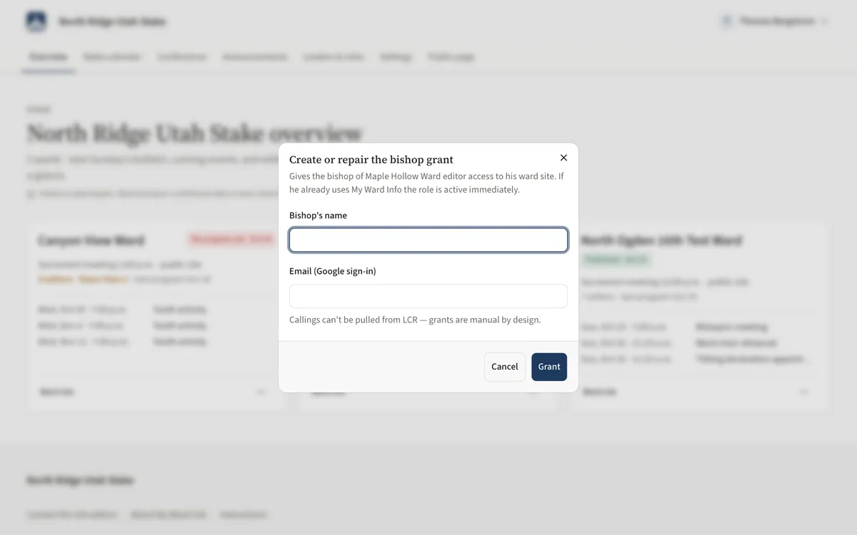The Create or repair the bishop grant dialog with Bishop's name and Email fields.