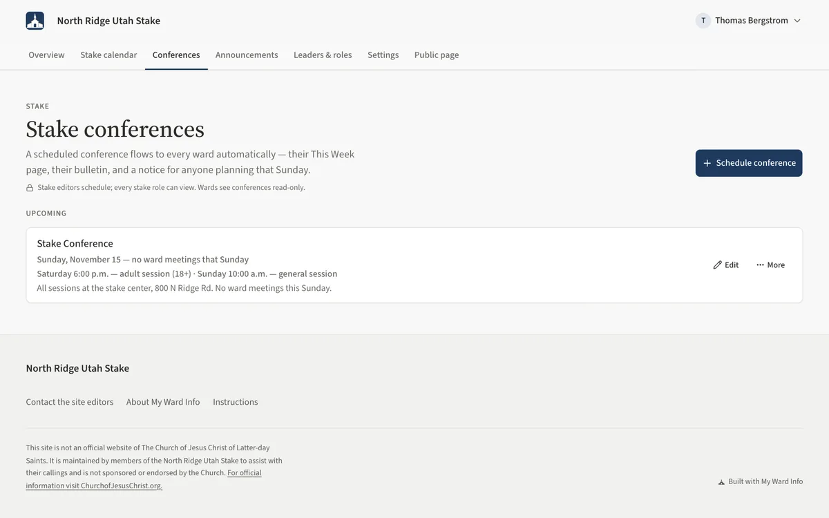 The Stake conferences page listing an upcoming conference with its sessions and the note that there are no ward meetings that Sunday.