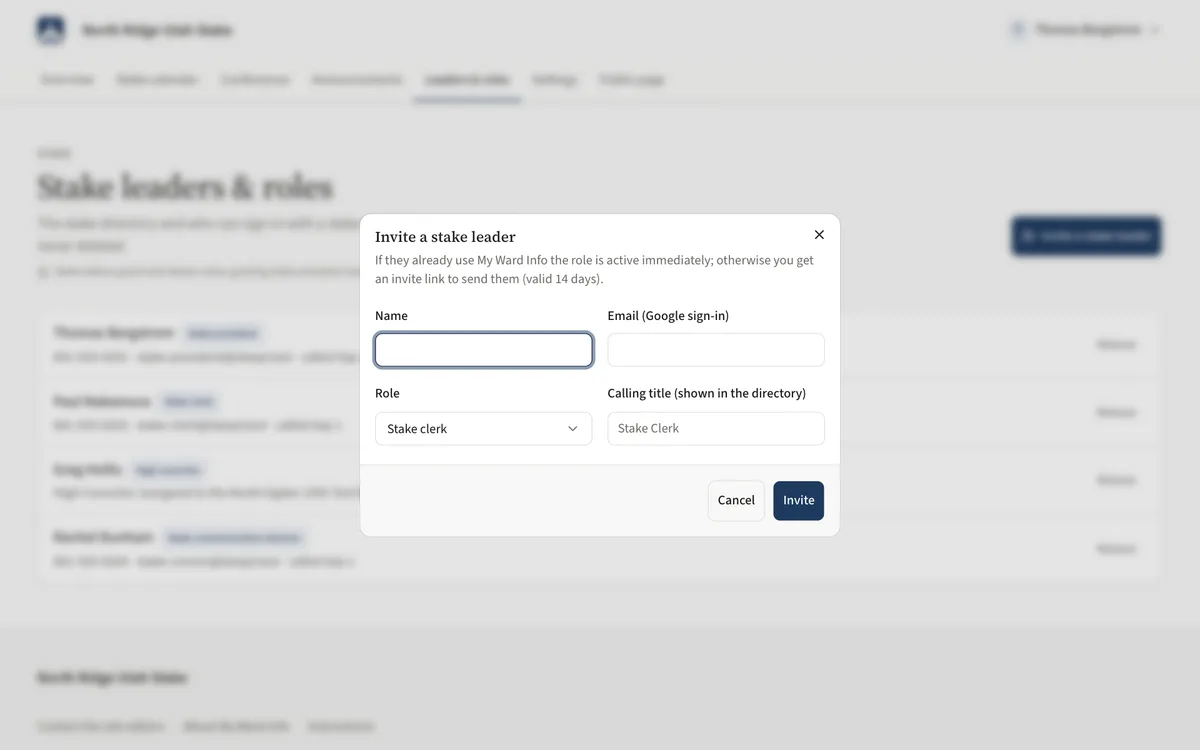 The Invite a stake leader dialog with Name, Email, Role and Calling title fields.