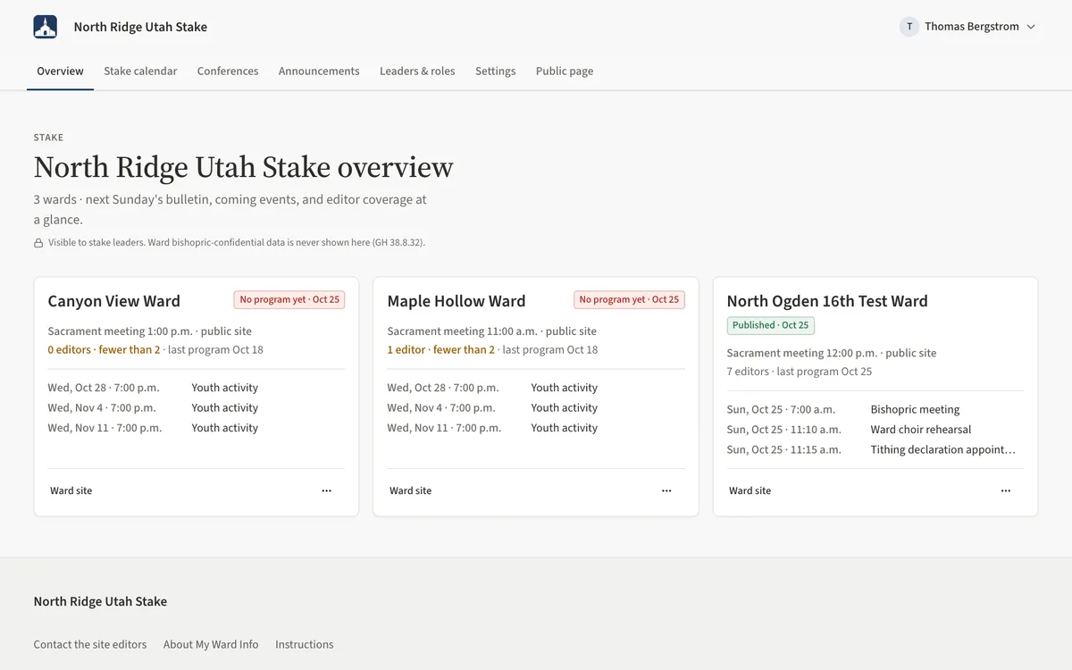 The stake overview with one card per ward showing a program status badge, editor count and upcoming events.