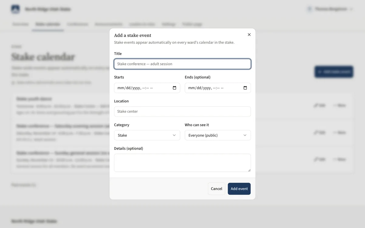 The Add a stake event dialog with Title, Starts, Ends, Location, Category and Who can see it fields.