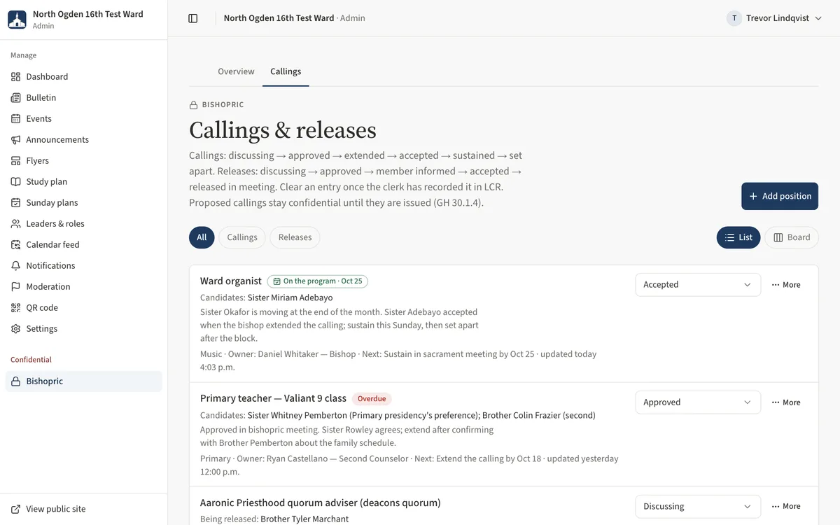 The Callings and releases list as the ward clerk sees it: only the Overview and Callings tabs, and each entry with its stage, owner, next step and More menu.