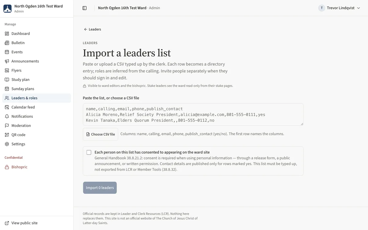 The Import a leaders list page with the paste area, the column help and the consent checkbox.