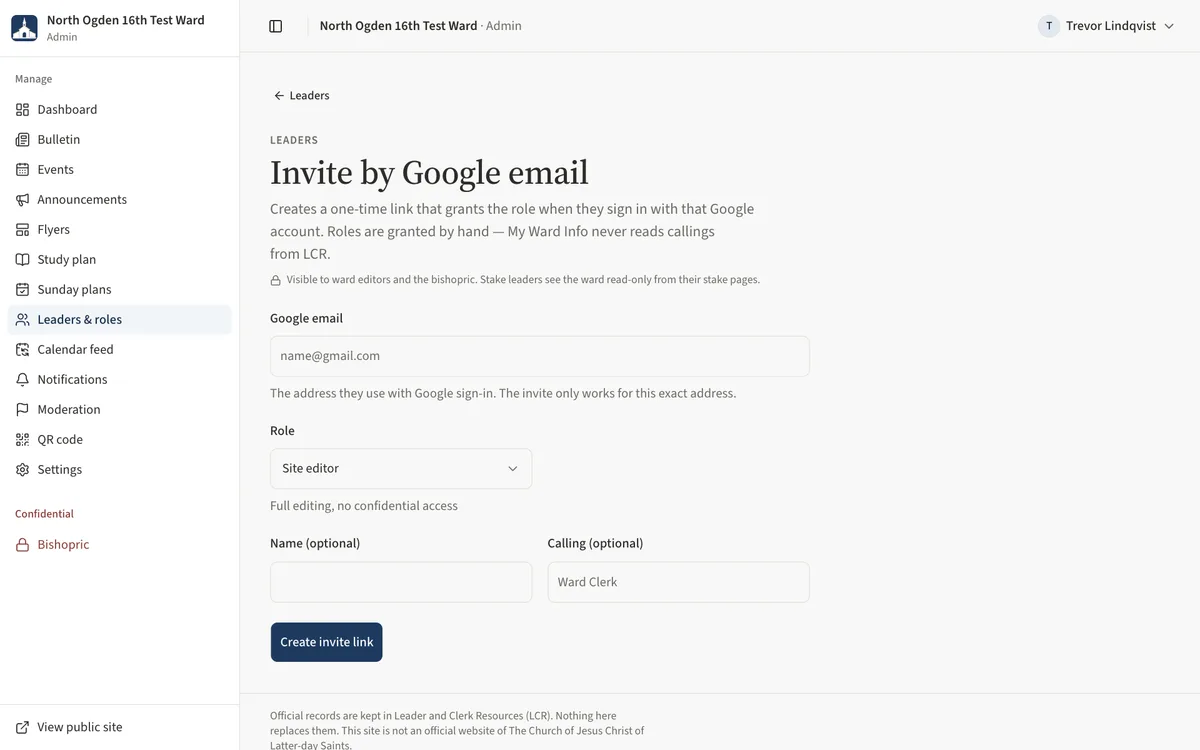 The Invite by Google email form with Google email, Role, Name and Calling fields.
